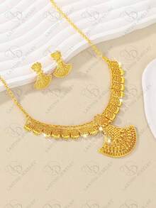 24K Gold Plated Dubai Novelty Earrings & Necklace Jewelry Set, Elegant For Party, Wedding, Anniversary, Dress Up Or Casual Wear - Gold - View 12