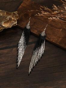 SOUL BEADING Bohemian Beaded Earrings, Vintage Style With Gold And Black Color, Asymmetrical Geometric Tassel Pendant, Elegant And Fashionable Accessory Suitable For Women's Daily Wear And Gift - Hand-beaded Tassel Earrings - View 7