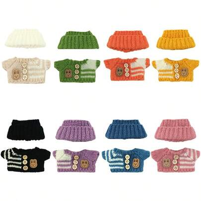 17cm LBB Blind Box Plush Doll Outfit, Party Costume, Knit Hat + Button Sweater Set, Multi-Color, Doll Accessories