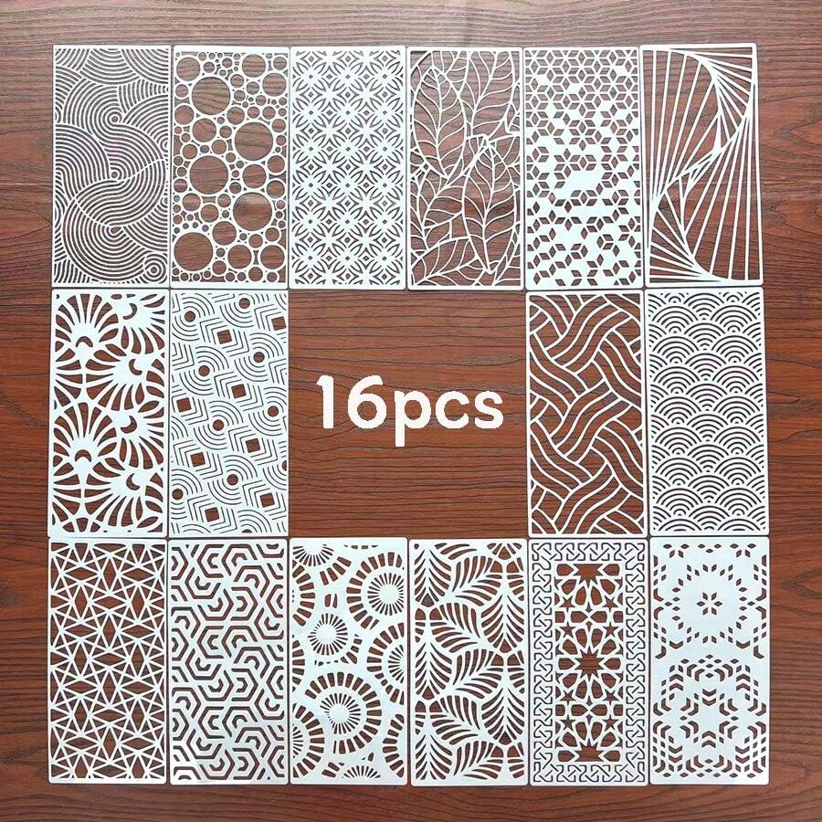 16 件几何纹理镂空模板，蛇皮图案创意布料、墙壁、木板喷漆模板，可重复使用和清洗
