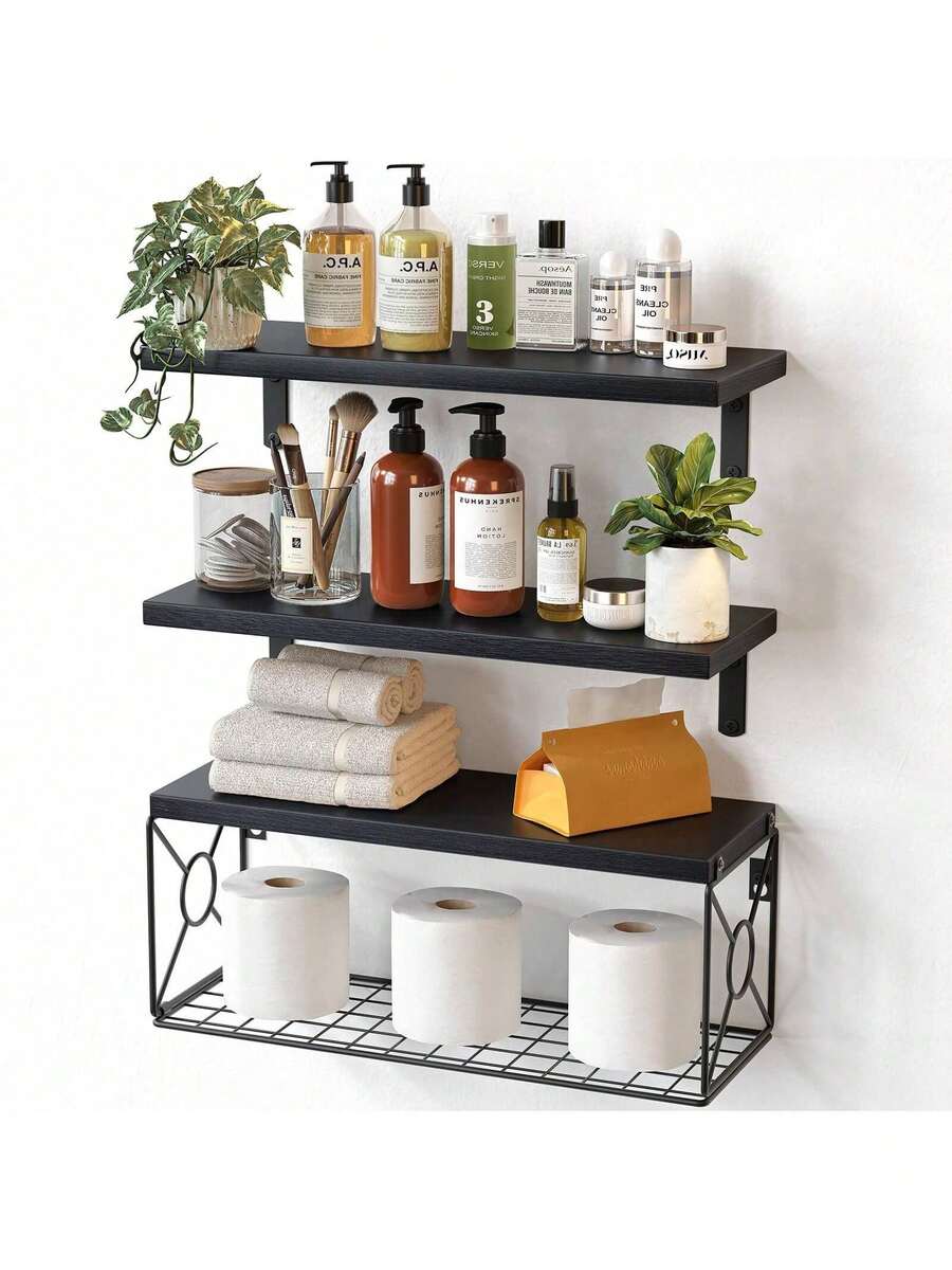 Bathroom Floating Shelves For Wall Mounted Shelf Over Toilet Farmhouse Home Decor Display Shelving Small 16 Inch. - 黑色 - 查看 1