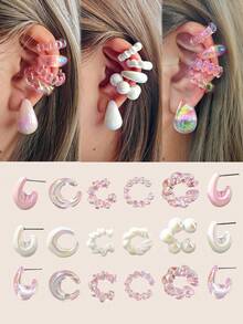 5 件/套无穿孔亚克力彩色多巴胺简约个性化甜美耳夹耳环套装包括新月、心形、星形、扭珠、C 形耳环珠宝礼物，适合女性