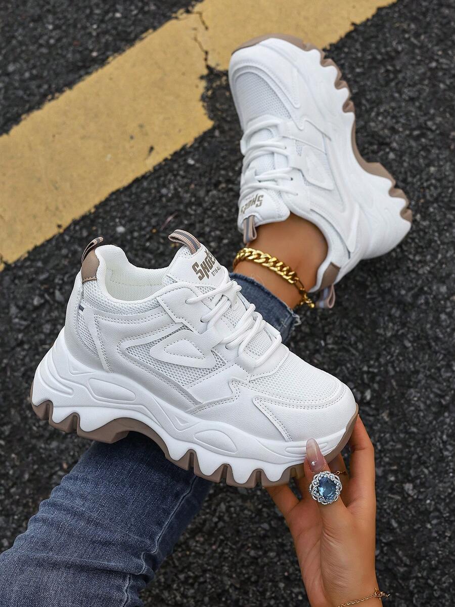 2025 New Short Height Increasing Women Shoes, Chunky Sneakers Thick-Soled Wedge Shoes, White Versatile Ladies Lace-Up Casual Athletic Shoes - White - View 1