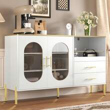 Elegante Sideboard con 2 cajones y 2 puertas de vidrio – Mueble moderno en blanco con detalles dorados – Amplio espacio de almacenamiento – Para salón, comedor, pasillo - Blanco - Ver 5