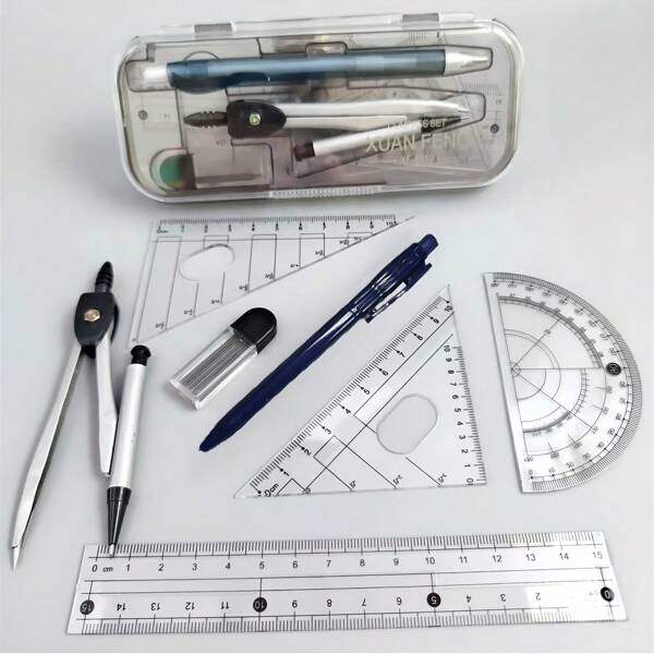 1 Set Of Colorful Random Compass Ruler Set, 7pcs Geometry Drawing Tools Ruler Set, Suitable As Back To School Stationery Gift For Students (Color Sent Randomly)