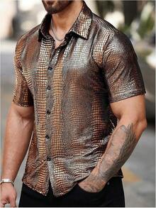 Men's 70s Disco Top Pattern Button Down Short Sleeve Shirt Rave Party PU Leather-Shirt - Bronze - View 3