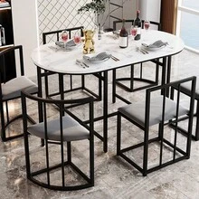 Six-Chair Dining Table Set: (White Table, Chairs With Backrests And Gray Cushions, Black Iron Frame), Dining Room Table And Chair Set, Modern Dining Table Combination - Black - View 9