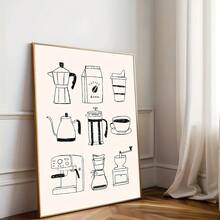 1pc Minimalist Coffee Aesthetic Unframed Poster - Modern Neutral Vintage Black And White Line Art Canvas Print, Coffee Machine And Brewing Equipment Illustration, Frameless Wall Decor For Home, Kitchen, Cafe, Office, Unique Gift For Coffee Lovers, Coffee Bar Decoration