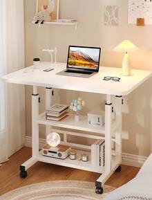 1pc Adjustable Height Sofa Side Table, Adjustable Bedside Table, 3 Tier Shelves Overbed Table With 360° Swivel Wheels 23.6-35.4in Height Adjustable Mobile Laptop Table Standing Rolling Bedside Table For Home Living Room Bedroom - 白色 - 查看 3