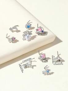 9 件装鼻环耳钉 L 骨质螺丝形鼻环花朵 CZ 雪花蝴蝶螺丝鼻钉身体穿孔饰品男女通用 20G 银金玫瑰金色调 - 銀色 - 查看 3