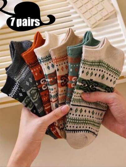 7 Pairs Vintage Striped Short Socks, Women Breathable Comfortable Thickened Short Socks, Autumn/Winter