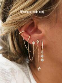 3 件套耳环女士锆石字母链耳钉时尚吊坠耳环女士迷人珠宝配饰 - 3Pcs/set(1 side ear) - 查看 12