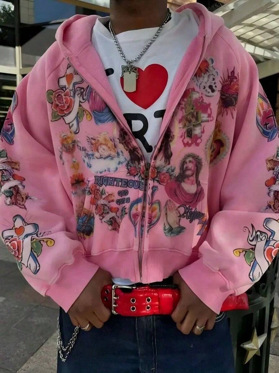 Men's Jesus Print Hoodie Letter Loose Sweatshirt Goth Rock Street Design Zip-Up Jersey - Hồng - Xem 1