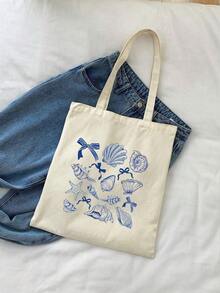 Bolsa de Praia Estilo Férias, Bolsa de Viagem Dobrável, Bolsa Estampa de Concha, Bolsa de Viagem Leve, Bolsa de Viagem Estilo Relaxado, Bolsa de Viagem Super Fotogênica, Reutilizável e de Grande Capacidade, Bolsa com Atmosfera de Férias