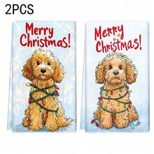 1 set/2 pezzi/100 pezzi Asciugamani da cucina e panni per piatti con motivo di barboncino natalizio con luci, adatti per la decorazione di interni di ristoranti, cucine e bagni, decorazione per feste, regali per festività, come regalo