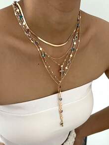 5pcs/Set Fashionable Y-Shaped Necklace Set, Elegant Vintage Design With Colorful Rhinestones, Cross, Snake Bone Chain, Minimalist Plain Chain Pendant Necklaces, Suitable For Holiday, Party, Daily Wear - Yellow Gold - View 2