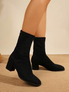 1双方头麂皮高跟踝靴，松紧靴筒，秋冬款 - 黑色 - 查看 5