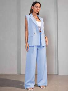 MODA MO, REF: AS-1347 Women's Casual Suit Vest | Elegant Tailored Set | Sophisticated Look | Women's 2-Piece Blazer | Refined Style | Versatile For Casual Or Formal Occasions | Size S, M, L | High Quality | Comfort And Style - 淺藍色 - 查看 5