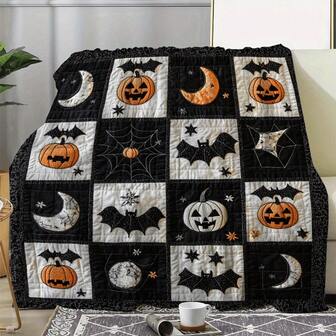 Manta de Halloween - Diseño de calabaza, murciélago y telaraña, negro/naranja/blanco - Franela suave para sofá, cama, camping, oficina, regalo cálido para todas las estaciones