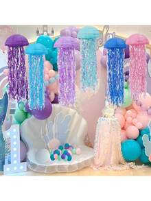 3pcs Pink Purple Blue Hanging Jelly Fish Paper Lanterns, Gradient Colorful Paper Lanterns, Jellyfish Paper Lanterns, For Mermaid Theme Party, Under The Sea Ocean Birthday Decorations, Under The Sea Theme, Ocean & Beach Room Hanging Decor, Shower Room Garland Mermaid Party Decoration, Colorful Hanging Streamers Suitable For Birthday Baptism Weddi - Multicolor - View 20