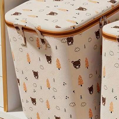 Large Capacity Foldable Storage Box With Handle, Suitable For Bedroom And Wardrobe; Cute Pattern Design Adds Fun To Home Organization; Woven Material Suitable For Seasonal Changes.