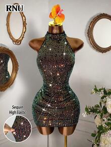 RNU 彩色亮片露背弹力性感紧身连衣裙，适合约会、嘉年华、派对、夜店、街头、情人节、新年、生日，春夏秋冬皆宜。 - 彩色 - 查看 4