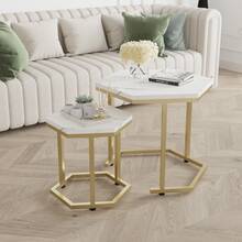Set Of 2pcs Hexagonal Shape Side End Tables Nested Tables Sofa Lamp Tables Small Coffee Tables Marble Effect MDF Top Board Metal Frame For Dining Room Living Room Bedroom - White - View 7
