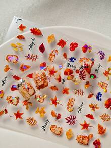 1 秋冬季节，激光和贝壳灯美甲贴纸，采用黄色和红色设计风格以及温暖的枫叶风格颜色，适合美甲爱好者收藏和女士和女孩DIY使用 - 彩色 - 查看 4