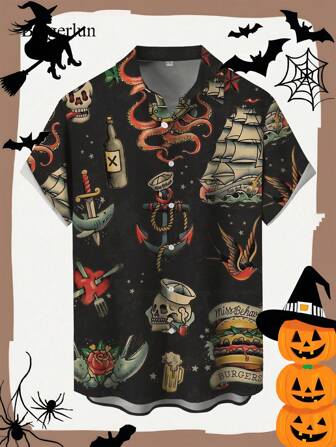 Herrskjorta med Halloween-skalle, nautisk, bläckfisk, ankare, grafisk 3D-digitalt tryck, kortärmad pikékrage och bröstficka, semester och fest