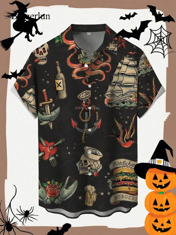 Men's Plus Size Halloween Vacation Casual Outdoor Skull, Sailboat, Shark, Octopus, Anchor Art Pattern 3D Digital Print Polo Collar Chest Pocket Holiday Casual Short Sleeve Shirt