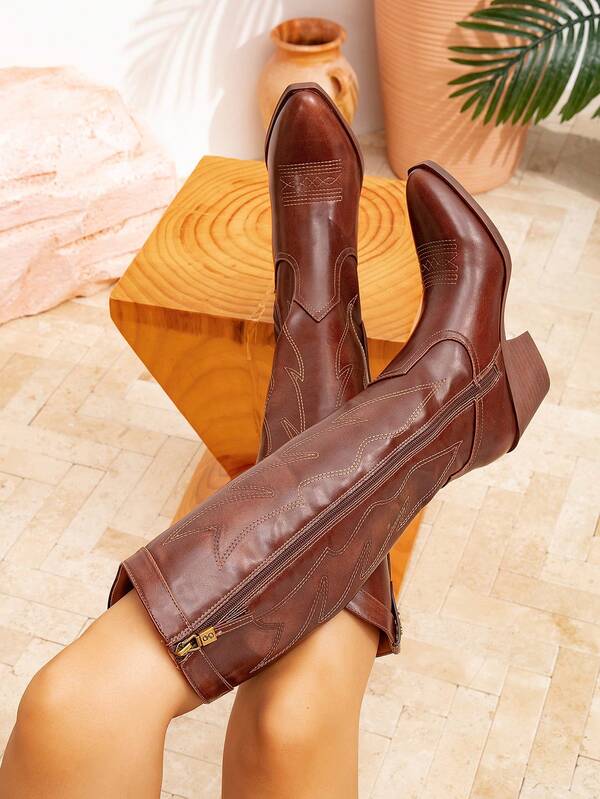 Women's Chunky Heel Pointed Toe Tall Boots, Brown Lightning Embroidery High-Top Boots, Vintage Western Style Side Zipper Riding Boots, European And American Pointed Toe Knight Boots, Autumn/Winter Versatile Slimming Boots, Commuting Chunky Heel Leather Boots, Designed Party Boots, Niche Design Pointed Toe Boots, Non-Slip Chunky Heel Boots Solid Color Western Style TPU Embroidery Side Zipper Minimalist Style, Resort Style, Luxury Style, Party Autumn/Winter High Heel Shoes Solid Color Western Style TPU Embroidery Side Zipper Western Style, Luxury Style, Casual Style, Resort Style Party Outdoor Autumn/Winter