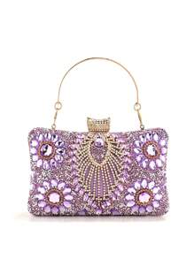Geantă de mână cu strasuri de lux și sclipici violet, poșetă mică de tip clutch, geantă elegantă de seară, portofel pentru petrecere de nuntă cu lanț metalic, poșetă de tip clutch la modă, geantă de mireasă potrivită pentru banchet formal, petrecere, nuntă, sărbătoare, cadou pentru femei