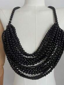 DEKUNER 1件高品质奢华多层女士珍珠吊带背心上衣，手工打结时尚性感珍珠身体链 - 亮黑色 - 查看 4