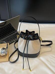 Women's Bucket Bag, Fashion Casual Straw Woven Shoulder Crossbody Bag, Drawstring Closure Mini Handbag - Black - View 6