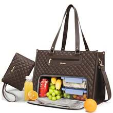Lunch Tote Bag For Women, 15.6 Inch Laptop Work Bag With Insulated Lunch Box Compartment & Purse Large Capacity Quilted Computer Handbag For Office Business Work Nurse Teacher Moms Travel Casual - 咖啡 - 查看 1