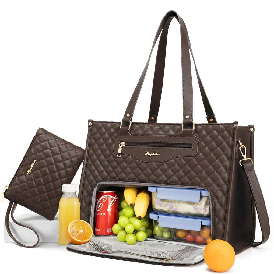 Lunch Tote Bag For Women, 15.6 Inch Laptop Work Bag With Insulated Lunch Box Compartment & Purse Large Capacity Quilted Computer Handbag For Office Business Work Nurse Teacher Moms Travel Casual - 咖啡 - 查看 1