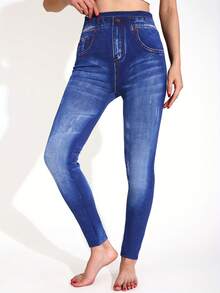 Damen Lässig Minimalistische Leggings, marineblauer Jeans-Muster, hochdehnbar Skinny Hose für Fitness, Workout, Tanz, Yoga, Heimübungen, Stretching, Formung, nahtlos, weich & bequem, geeignet für Outdoor, Radfahren, Laufen, Gehen, Pendeln, elegant & atmungsaktiv