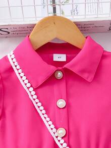 Girls Long Sleeve Collared Pearl Mesh Dress, Pink Party Dress, Children Formal Gown With Matching Bag, Elegant Wedding/Birthday Dress For Young Girls - Hot Pink - View 3