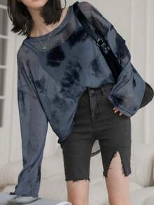 休闲扎染印花透明落肩宽松衬衫，春夏 - 藍色 - 查看 2