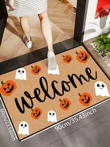1 pieza, Felpudo de bienvenida con patrón divertido de fantasma y calabaza de Halloween de otoño, estilo festivo, lavable a máquina, de fibra de poliéster, apto para interiores, exteriores, decoración diaria, todas las estaciones - Amarillo - Ver 9