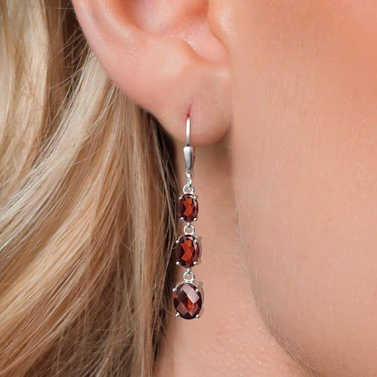 Gem Stone King 3-Stone Leverback Drop Dangle Earrings Women |   925 Sterling Silver |   Gemstone Birthstone |   Oval 8X6MM 7X5MM And 6X4MM |   Fine Jewelry Gifts Her Mom Women Wife - 石榴石/棋盤格,一月 - 查看 3