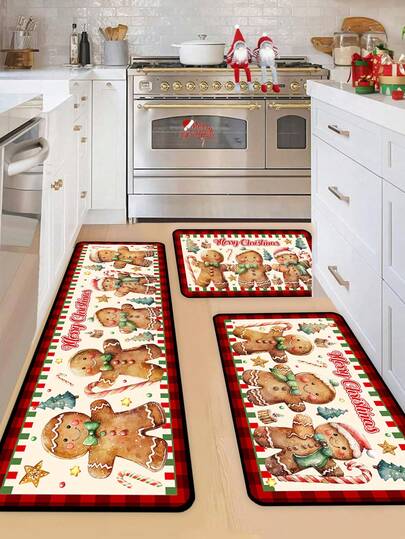 1 件 40x60cm / 50x80cm / 40x120cm 圣诞装饰地垫，姜饼人图案，带红色和黑色格子边框，适合圣诞节和冬季家居装饰，圣诞门垫