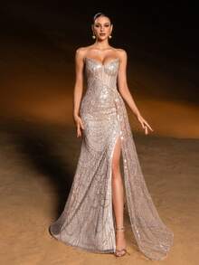 Faeriesty Haute Glamour Luxurious Sparkly Beaded Mermaid Gown With Strapless Silhouette & Dramatic Floor-Length Train For Bridal For Women