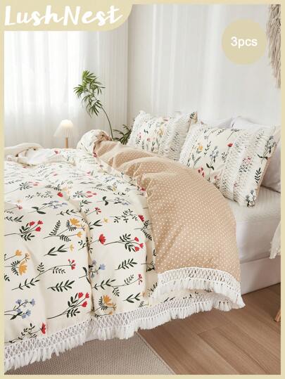 3 件套 Ditsy Floral 网状流苏羽绒被套套装（1 个羽绒被套 + 2 个枕套，无填充物），柔软亲肤，轻盈透气，农舍风格，适合卧室，四季皆宜，馈赠佳品