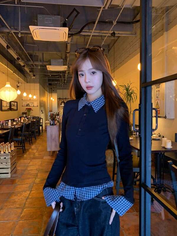 Women's Polo Collar 2 In 1 Long Sleeve T-Shirt, Fitted Design