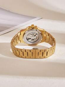 LONGLUX 1pc Men's Hollow Automatic Mechanical Watch With Butterfly Buckle Steel Band, Business Watch - Vàng - Xem 7