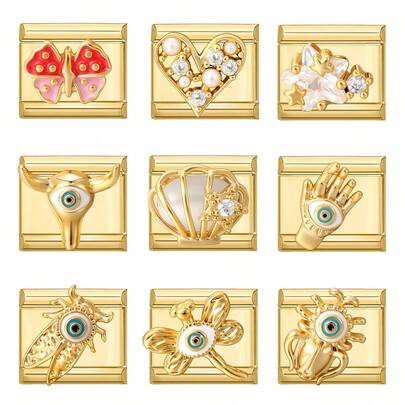 1件微镶嵌DIY意大利模块化手链，饰有心形、蝴蝶和花朵元素，适合作为派对礼物送给朋友/情侣，适用于圣诞节、新年、万圣节、情人节等节日，设计精美，不锈钢材质。