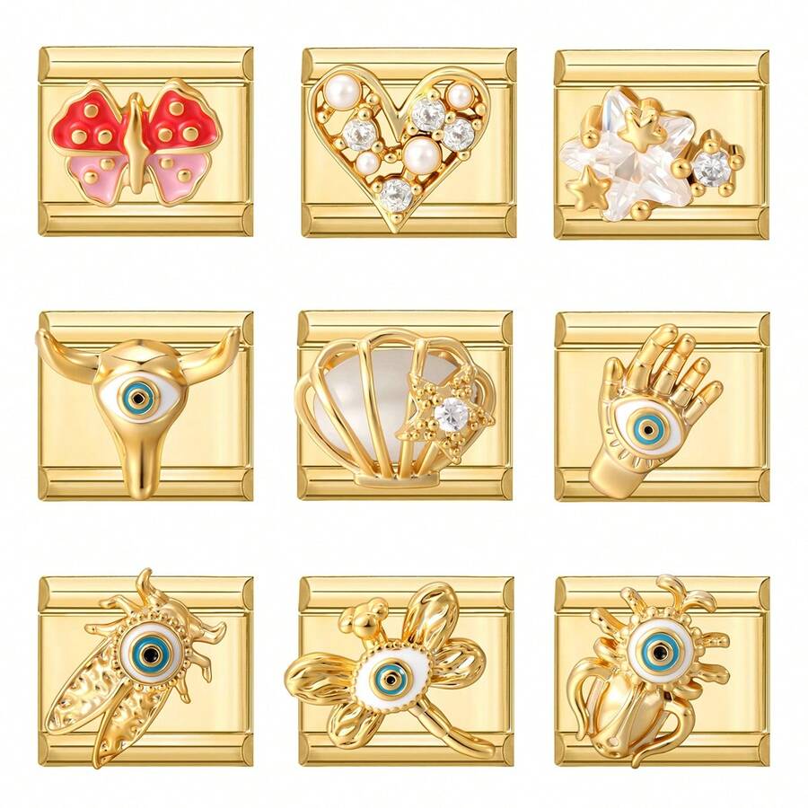 1pc Micro-Inlaid DIY Italian Modular Bracelet, Decorated With Heart, Butterfly & Flower Elements, Suitable As Party Gift For Friends/Couples, Applicable For Christmas, New Year, Halloween, Valentine's Day, Charming Design, Stainless Steel Jewelry - M292644 M292645 - View 1
