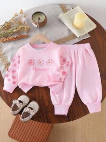 2pcs Baby Girls Floral & Letter Print Crew Neck Long Sleeve Sweatshirt And Pants Set, Cute Casual Everyday Outfit, Autumn/Winter - Pink - View 1