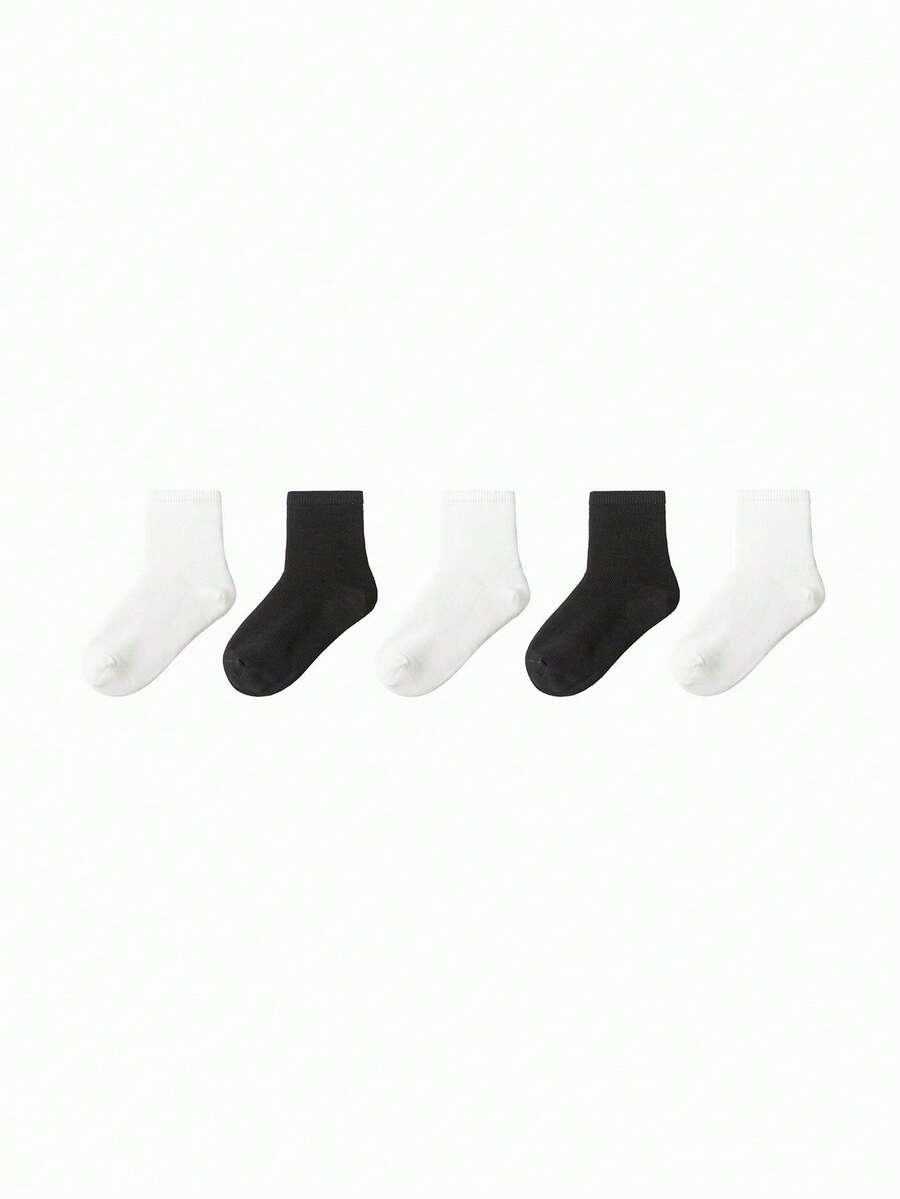 Tất trẻ em cotton dài đến bắp chân, 5 đôi, thoải mái cho bé trai và bé gái - tông màu trắng đen - Xem 1